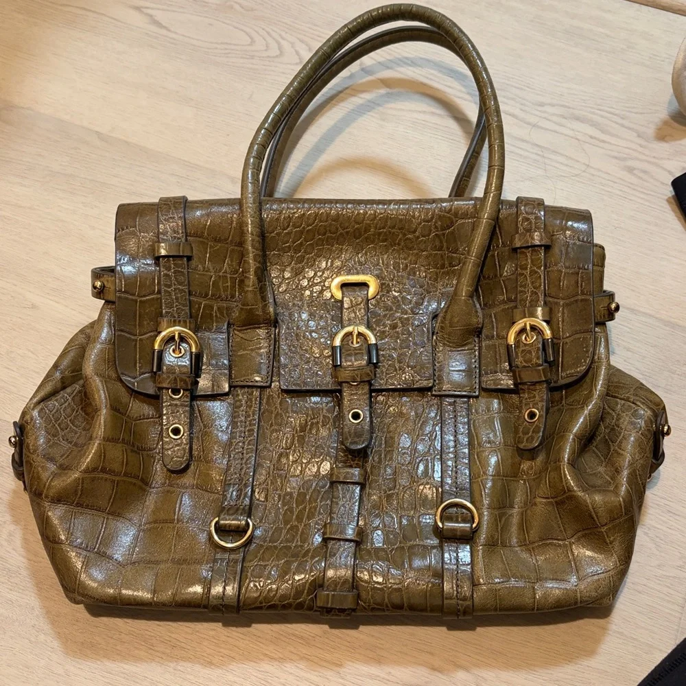 Badgley Mischka Croc Embossed Leather Flap Satchel khaki